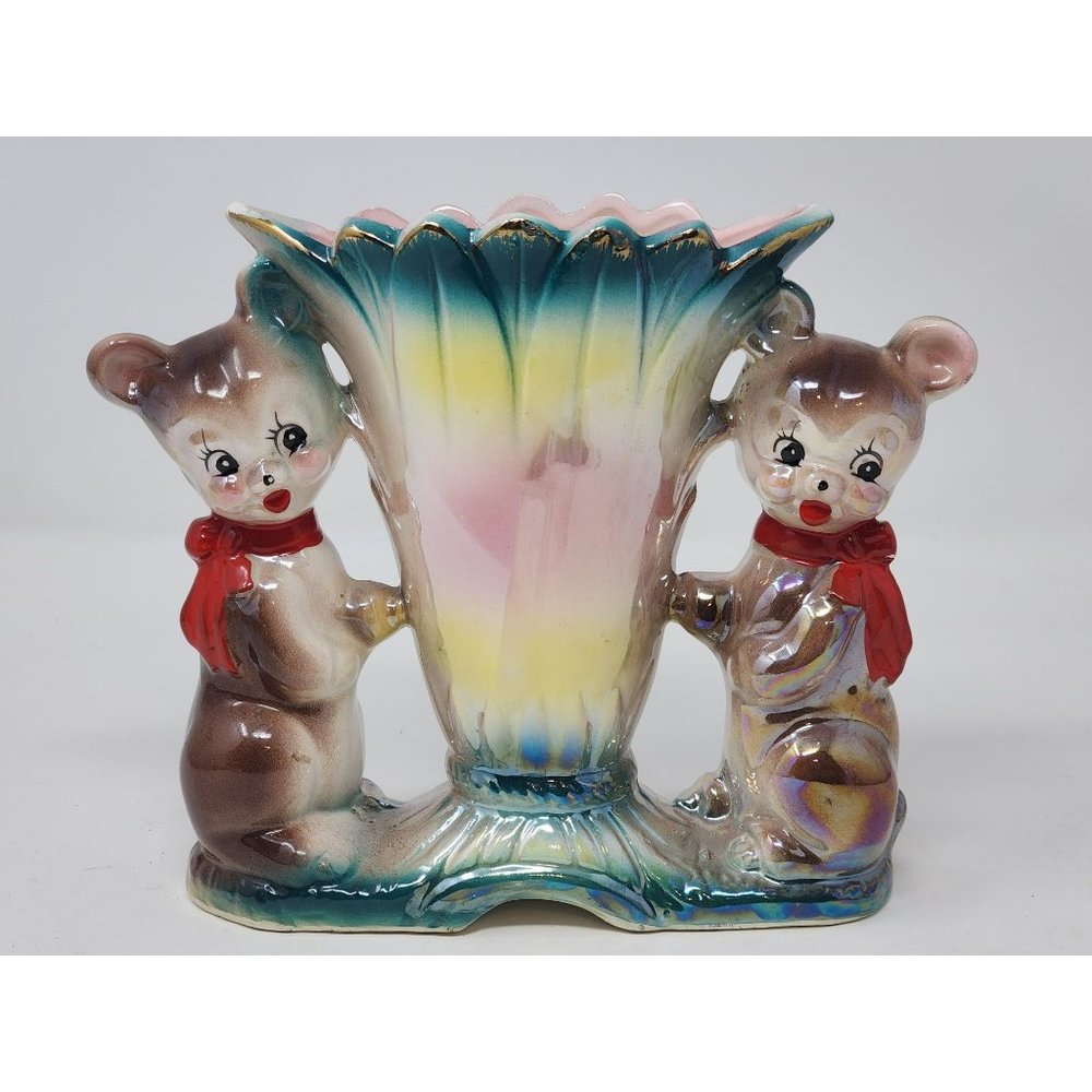 Vintage Iridescent Lusterware Baby‎ Bears Fan Tulip Vase/Planter Kitschy